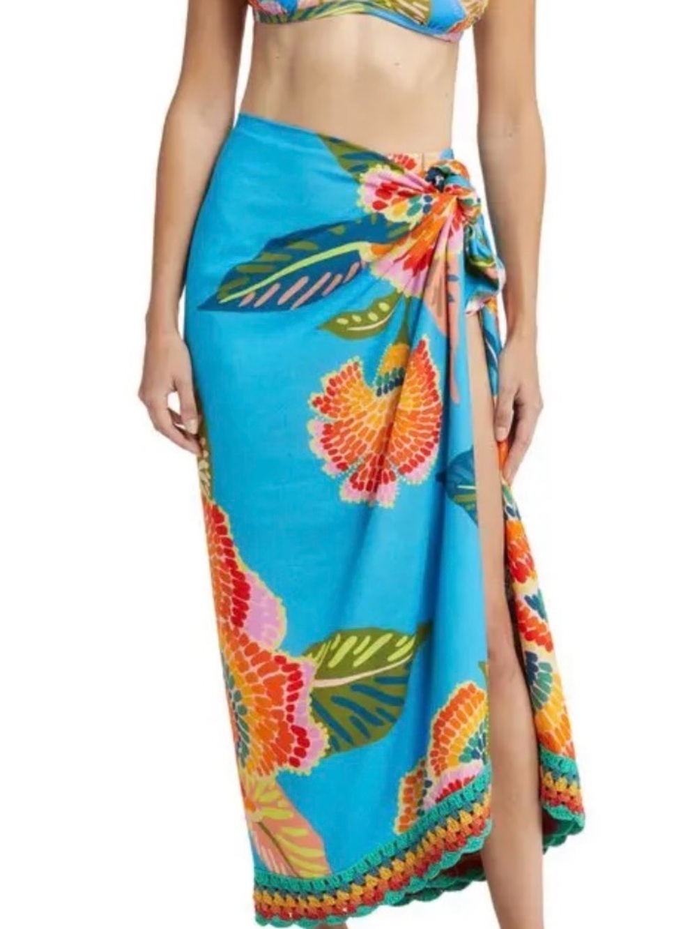 FARM Rio Turquoise Floral Tie Sarong with Orange and Pink Blooms